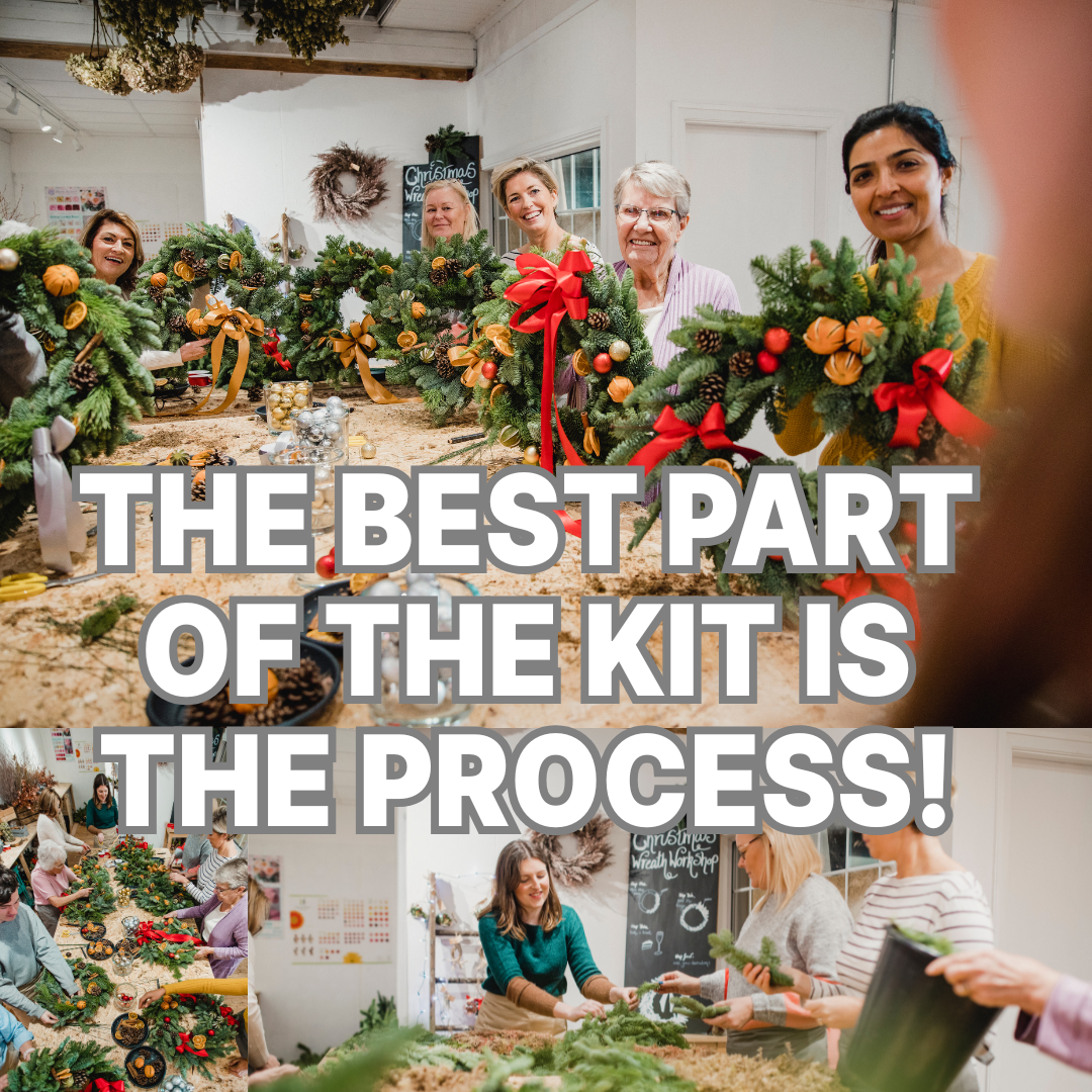 Group of people making wreaths with text overlay-The best part of the kit is the process! An unboxed Aloha Subscription Monthly Box delivered right to your door for a family-friendly DIY project, with all materials and instructions visible, surprise merch, or products from Hawai'i! - Simply Aloha On The Go
