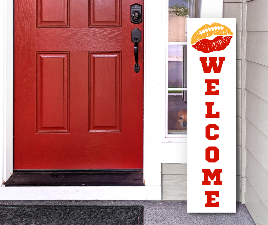 NFL Game Day Porch Sign for AFC teams – Lip & Welcome design – Simply Aloha On The Go Handcrafted 4ft vertical porch sign for the Kansas Chiefs, featuring a hand-painted, team-colored lip and a welcome message-what's your team?
