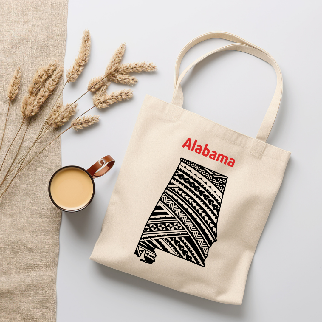 Organic canvas tote bag featuring Alabama state with Polynesian tribal design