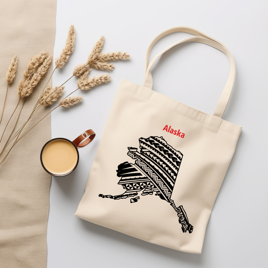 organic canvas tote bag featuring Alaska with Polynesian tribal design