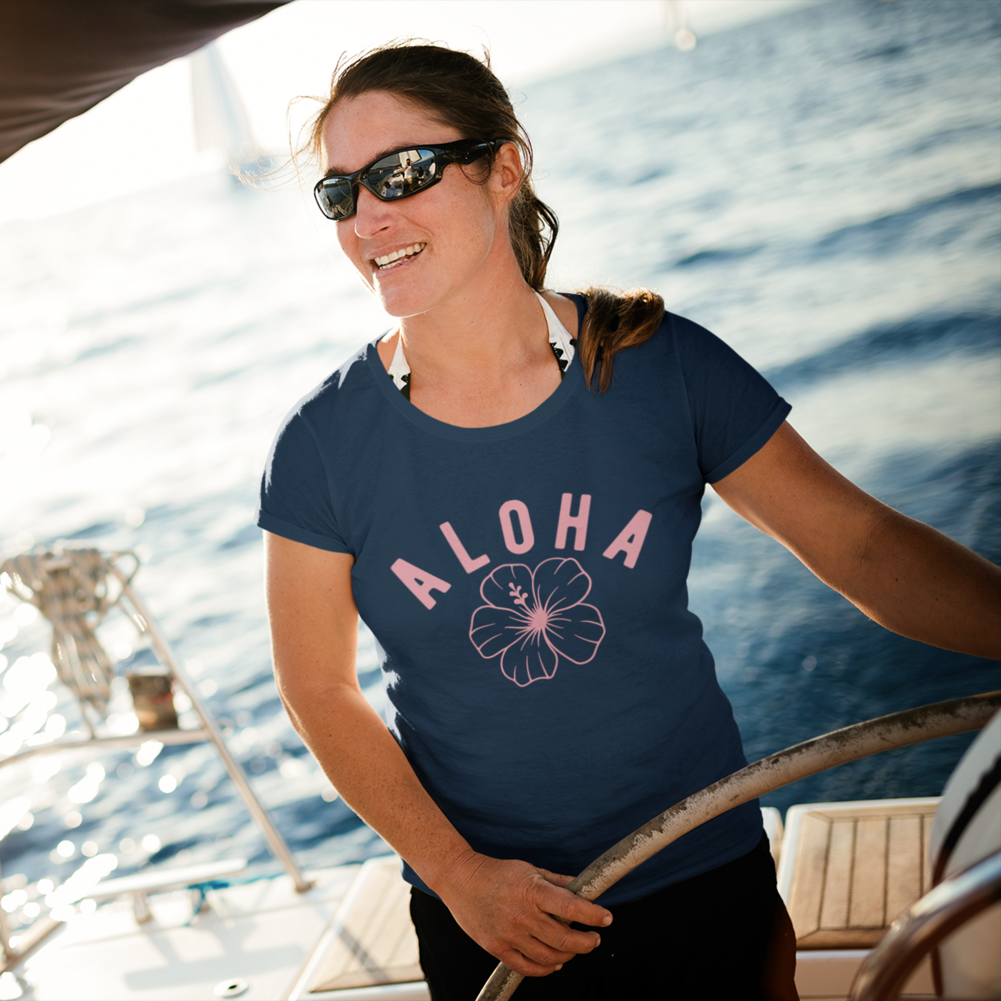 Aloha T-Shirt with Hibiscus In Blue. Tropical style for summer or everyday casual wear.