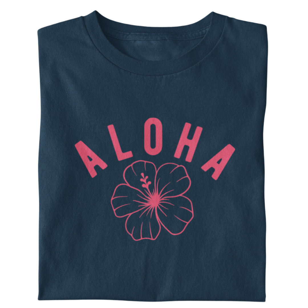 Aloha T-Shirt with Hibiscus Print . Tropical style for summer or everyday casual wear.
