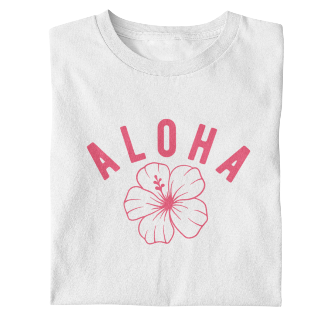 Aloha T-Shirt with Hibiscus Print In Blue. Tropical style for summer or everyday casual wear.
