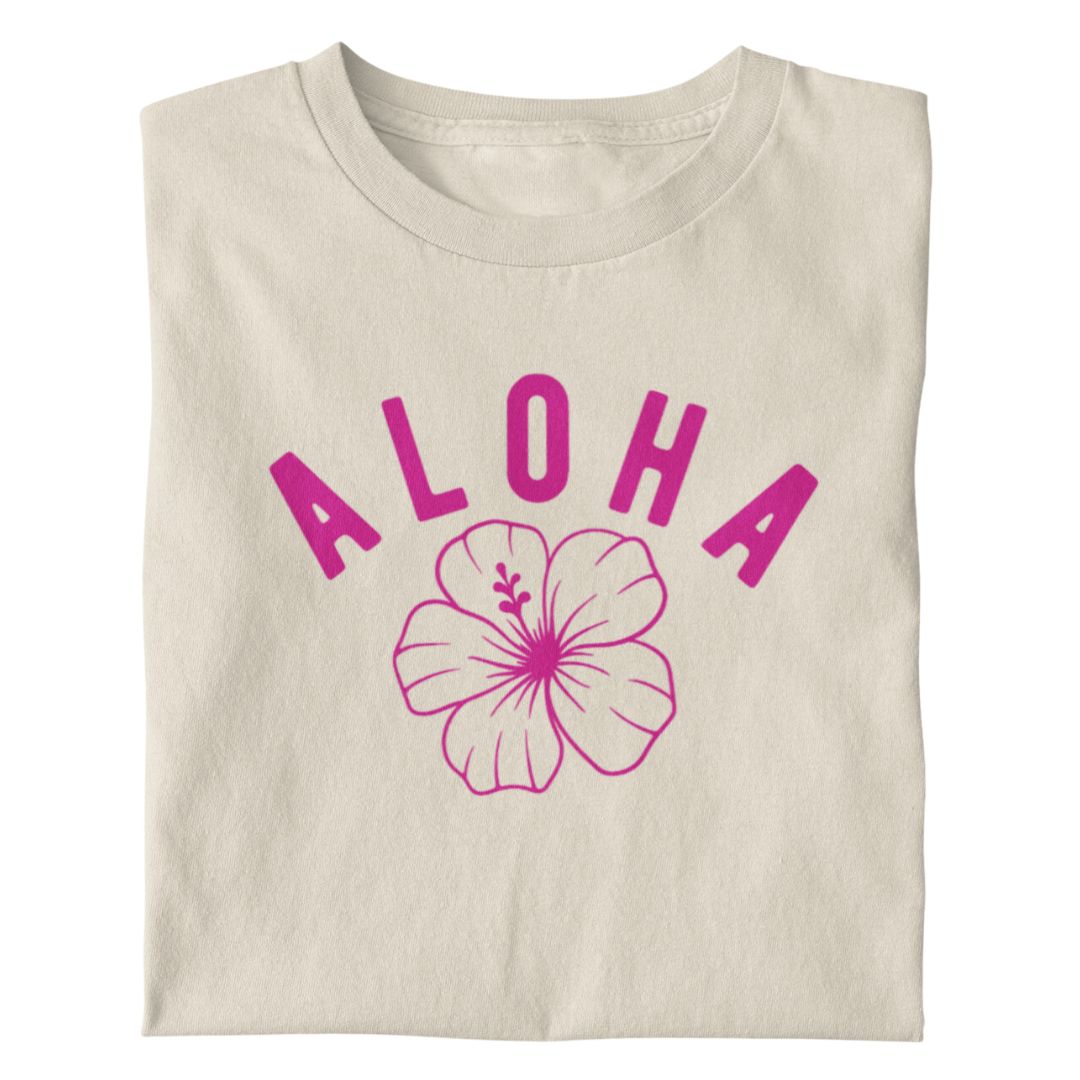 Aloha T-Shirt with Hibiscus Print In Sand. Tropical style for summer or everyday casual wear.