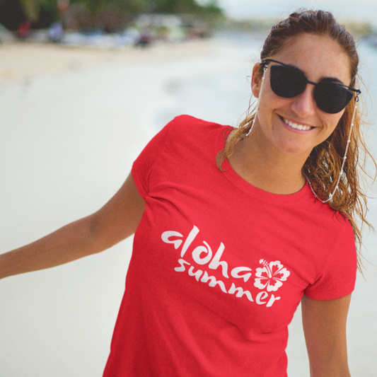 Aloha Summer T-Shirt with Hibiscus Print . Tropical style for summer wear capturing the tropical island vibe lifestyle.