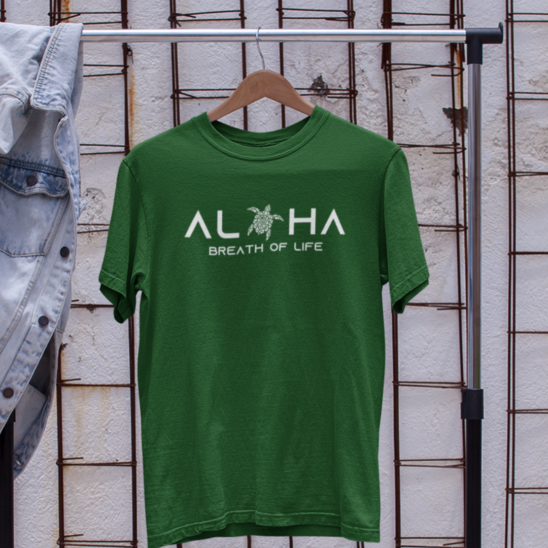 Aloha Breath of Life Island Vibe Tee in green. Front view featuring Hawaiian-inspired design. Colors may vary due to lighting.