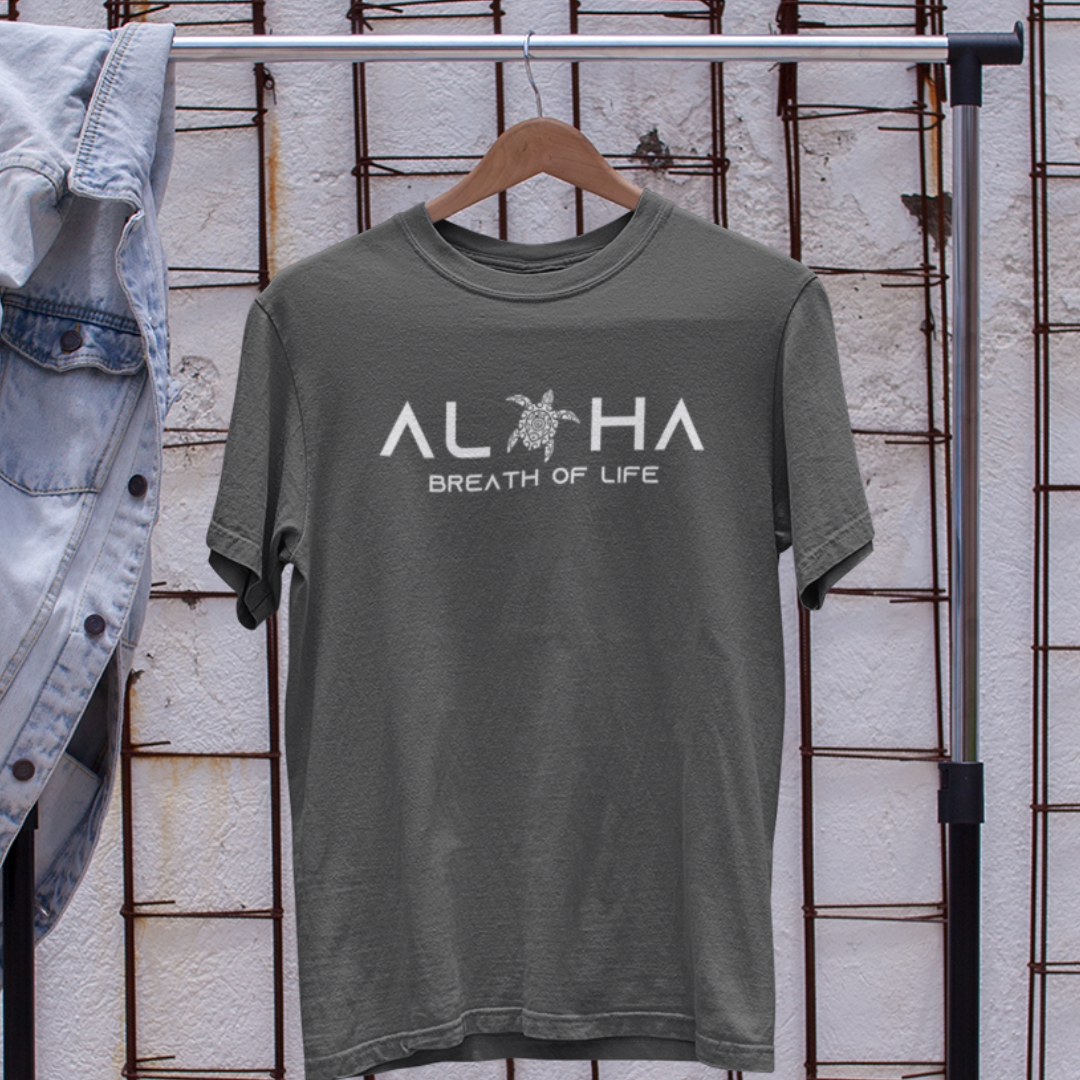 Aloha Breath of Life Island Vibe Tee in grey. Front view featuring Hawaiian-inspired design. Colors may vary due to lighting.