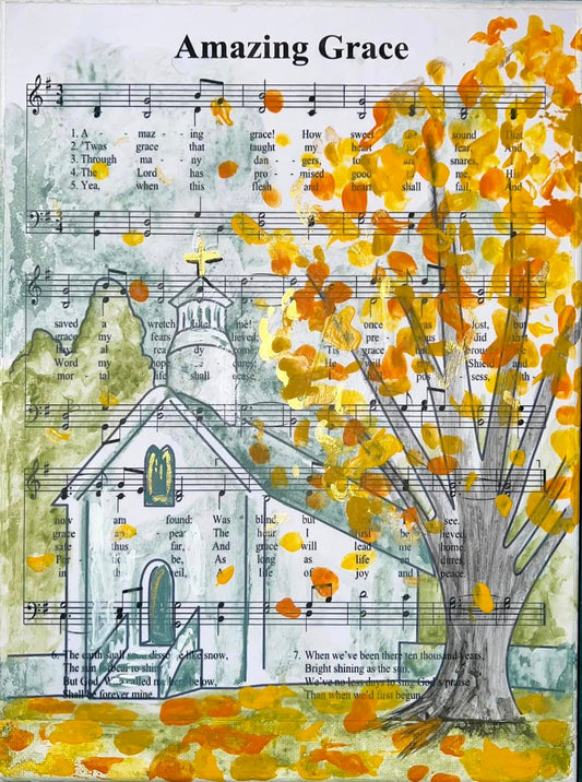 Amazing Grace Fall DIY Paint Kit - on canvas white church with golden fall tree over hymn sheet music by Simply Aloha On The Go