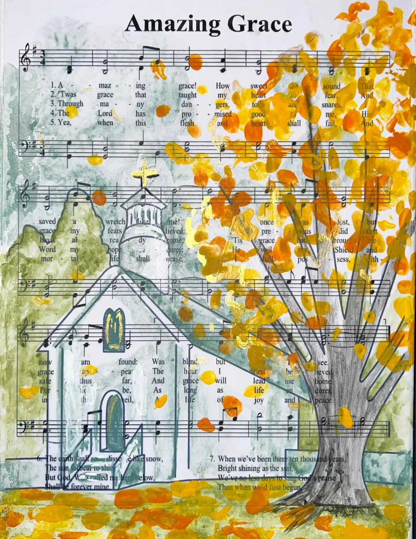 Amazing Grace title at the top and song text below featuring a painted church and autumn tree on a background of printed sheet music. 