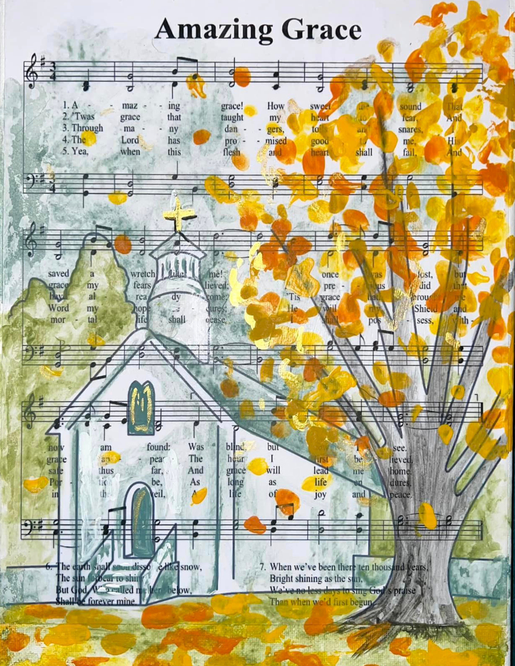 Amazing Grace title at the top and song text below featuring a painted church and autumn tree on a background of printed sheet music. 