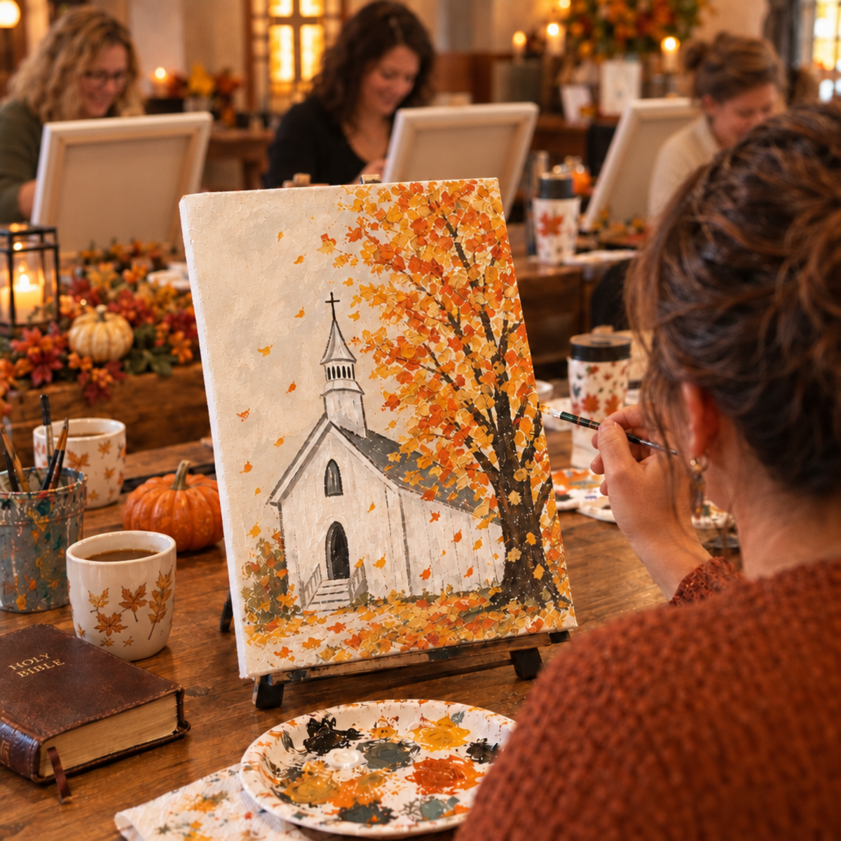 Amazing Grace Fall DIY Paint Kit painted by a woman at a cozy church craft night

