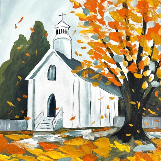 Amazing Grace Fall DIY Paint Kit, white church and golden autumn tree on 11x14 canvas
