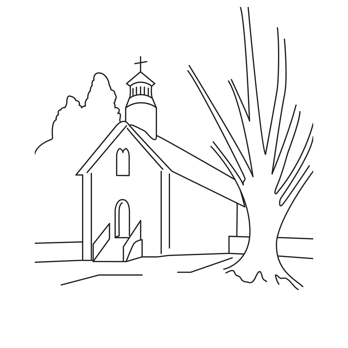Amazing Grace Fall DIY Paint Kit tracer pre-outlined 11x14 canvas with white church, and fall tree 
