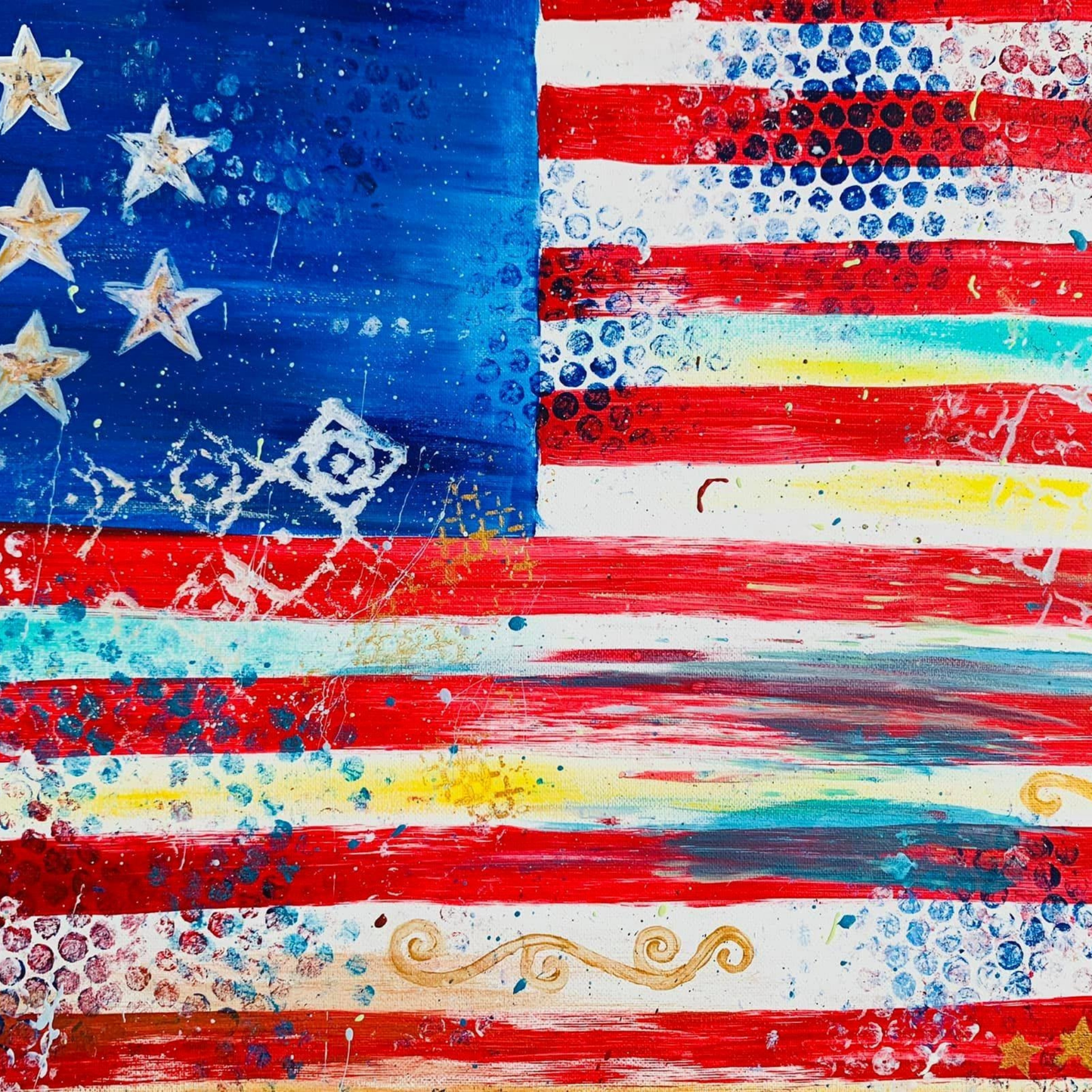 A creative American flag painting featuring blue and red textures made with bubble wrap and gold stars.