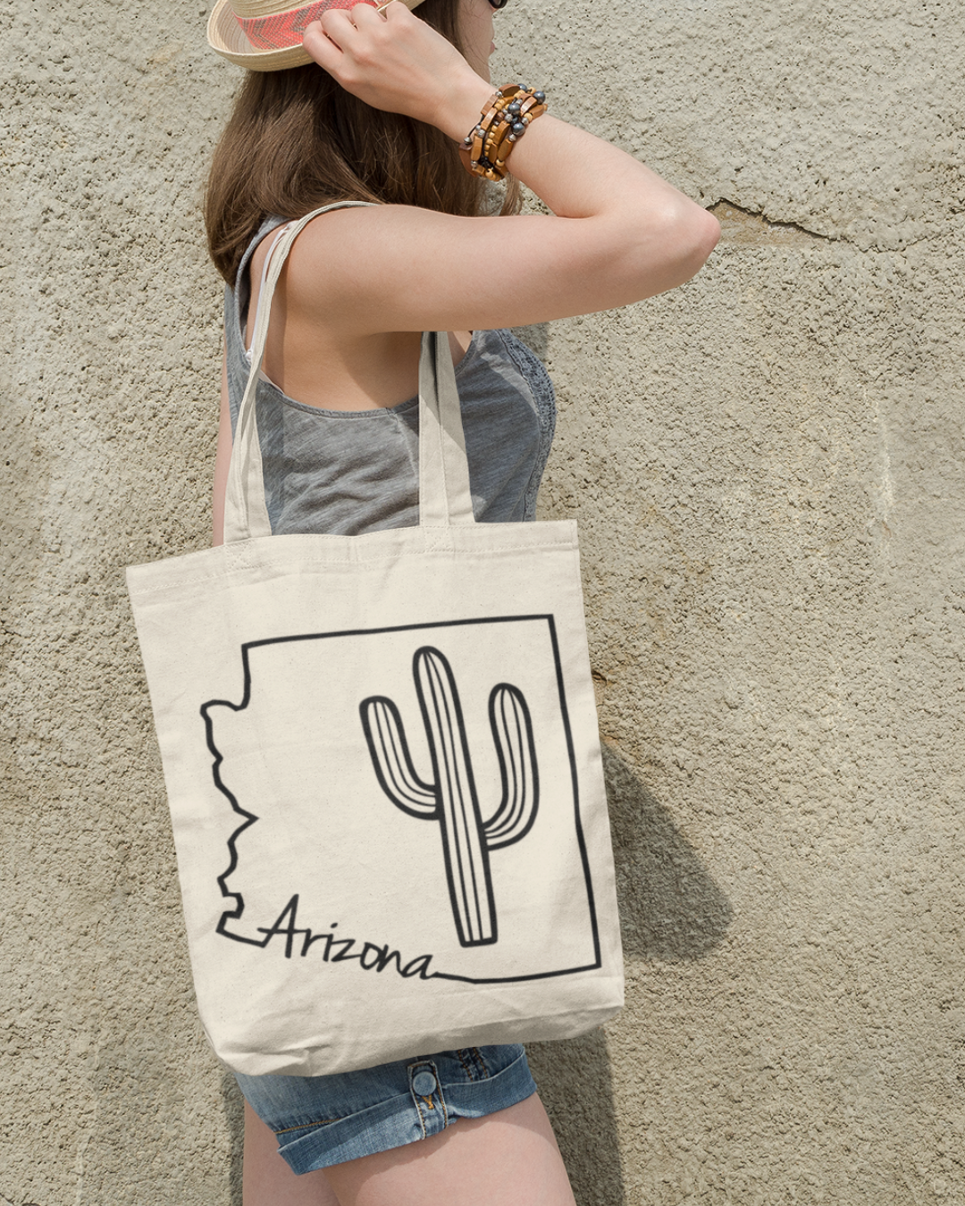Mystery Canvas Tote Bag featuring Arizona outline, cactus illustration and Arizona lettering