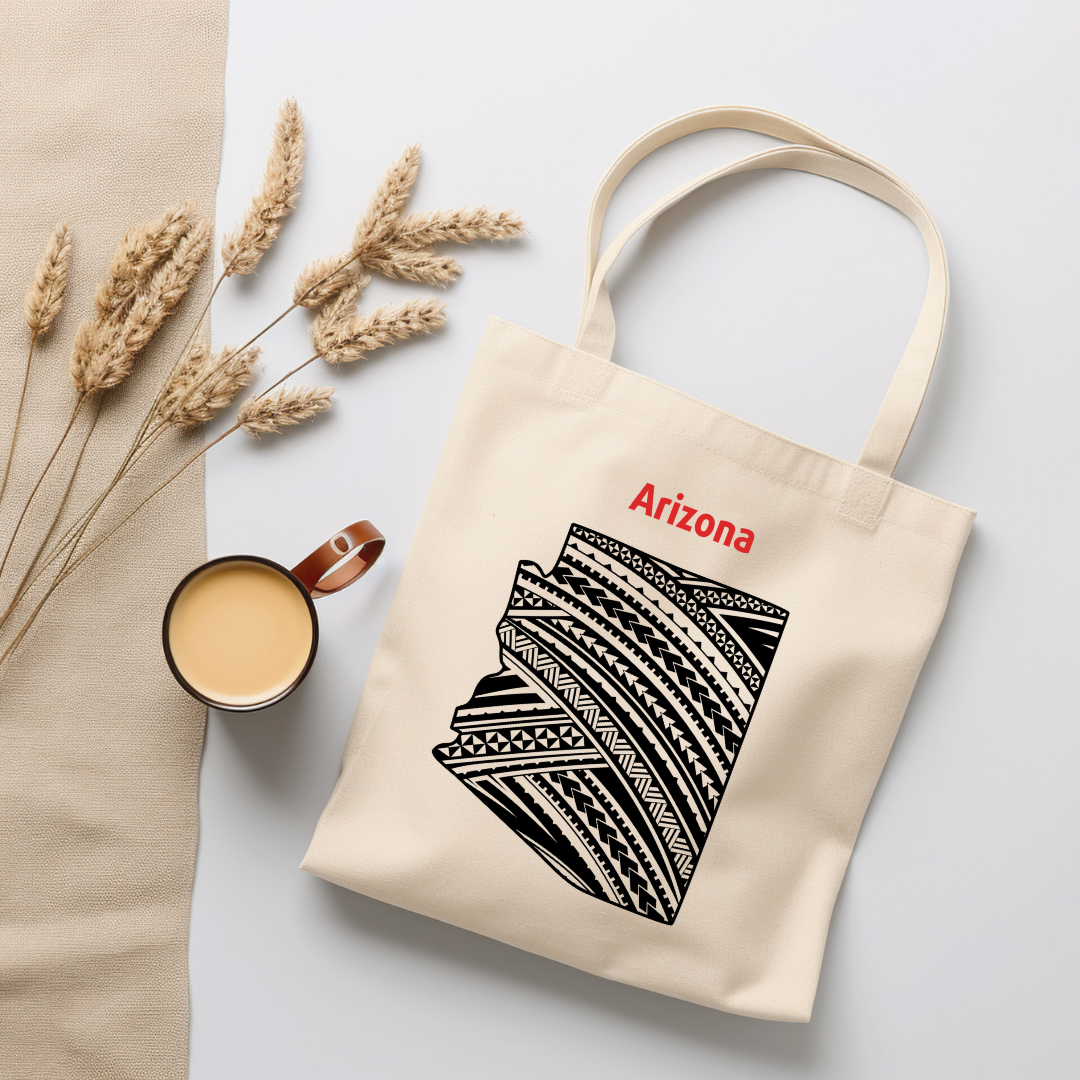 Organic canvas tote bag featuring Arizona with Polynesian tribal design