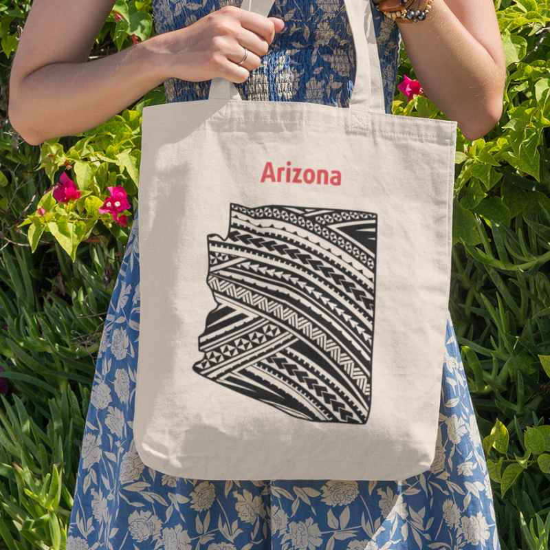 A double-sided, eco-friendly Polynesian Pride tote bag featuring a tribal map design from the 50 State Tribal Map Collection