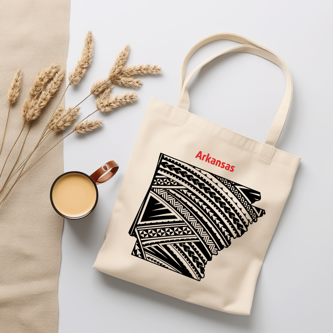 Organic canvas tote bag featuring Arkansas state with Polynesian tribal design
