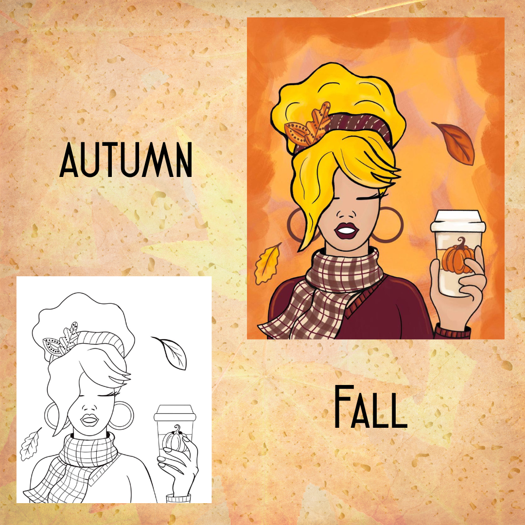 An "Autumn" and "Fall" themed art kit featuring a woman with blonde hair, a plaid scarf, and large hoop earrings holding a coffee cup with a pumpkin logo.