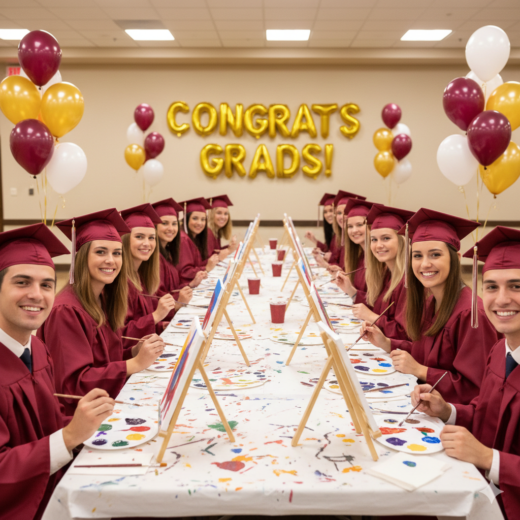 Arizona Graduation Paint Party Kit with the class of  2027 graduates in maroon caps and gowns creating canvas paintings around a decorated table.