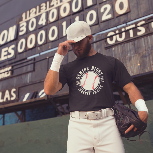 A Class of 2026 varsity Baseball player with his Senior Night t-shirt with custom name and number on back. Double-sided cotton tee.