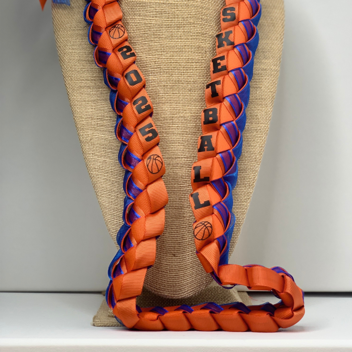Personalized Basketball Ribbon Lei in school or team colors for Senior Night, graduation, basketball banquets, and basketball player gifts.
