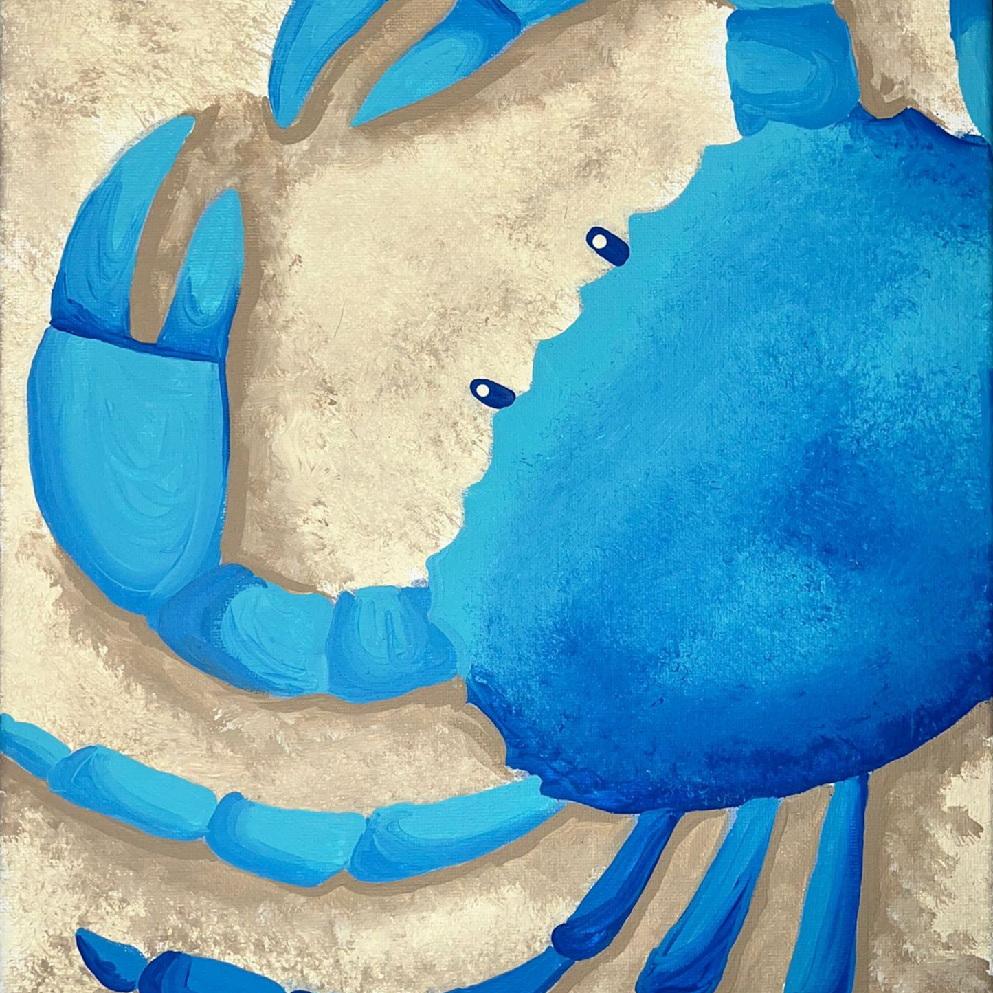 A close-up painting of a bright blue crab with large claws on a sandy, textured background.