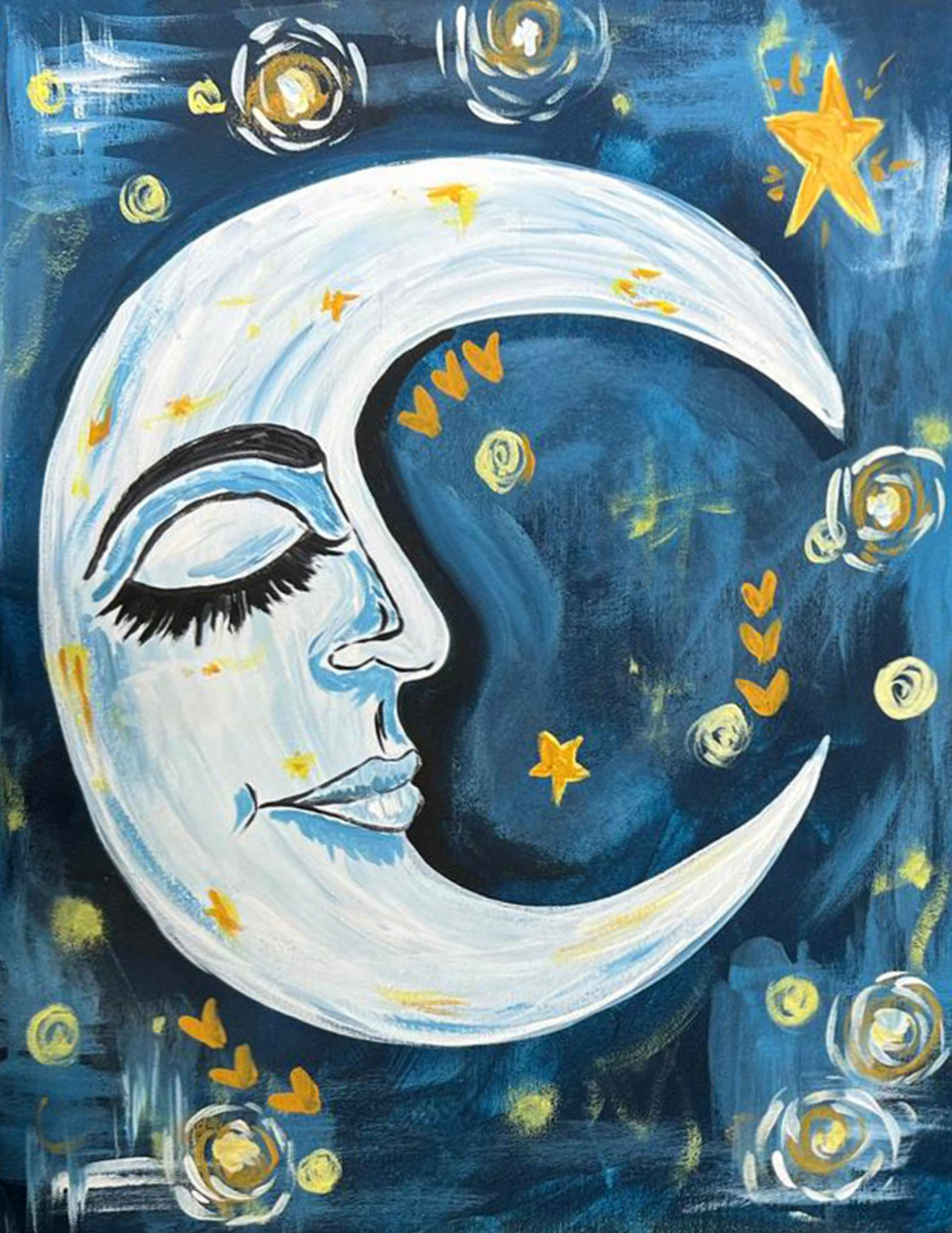 Bohemian Moon DIY Paint Kit – crescent moon face with florals and gold stars on teal blue canvas painting by Simply Aloha On The Go
