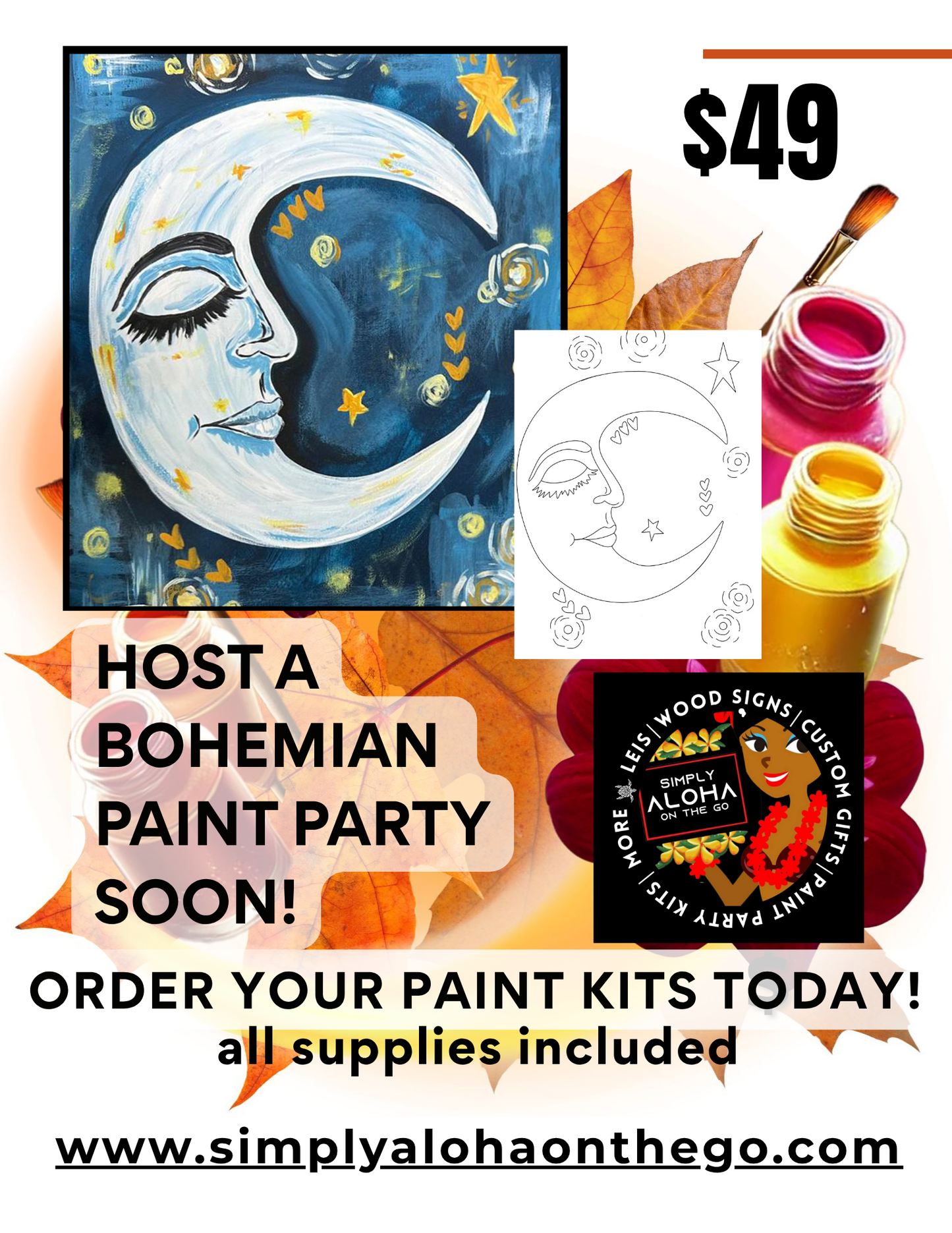 Bohemian Moon Paint Party promo Flyer-Host a paint party today with this design or paint it at home!