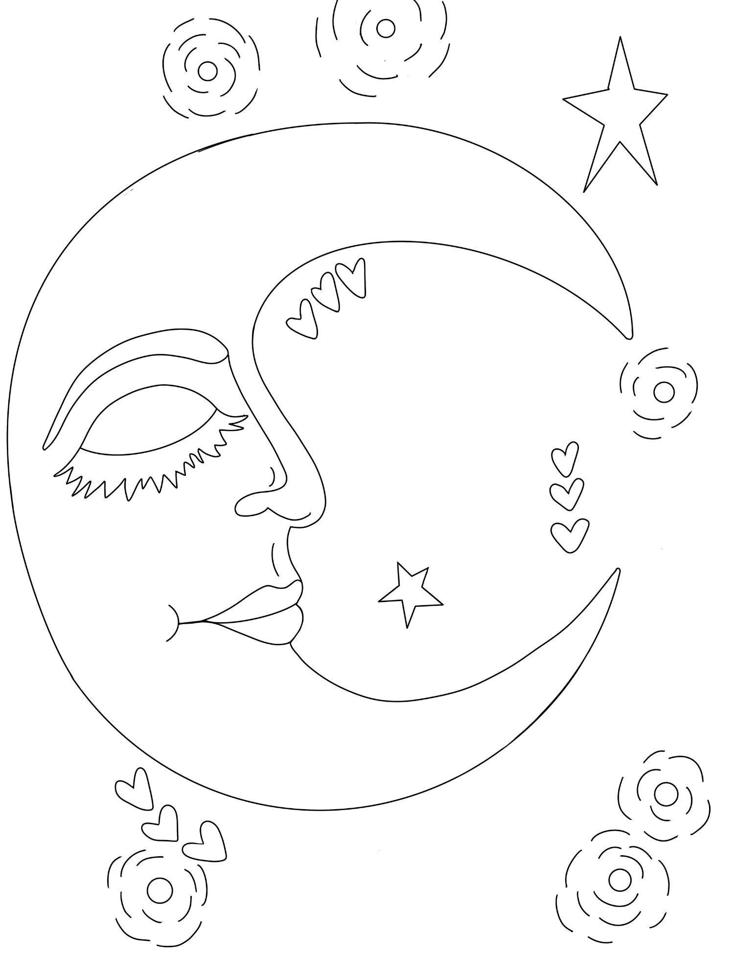 Black and white illustration of a face within a crescent moon surrounded by stars and patterns on a white background.