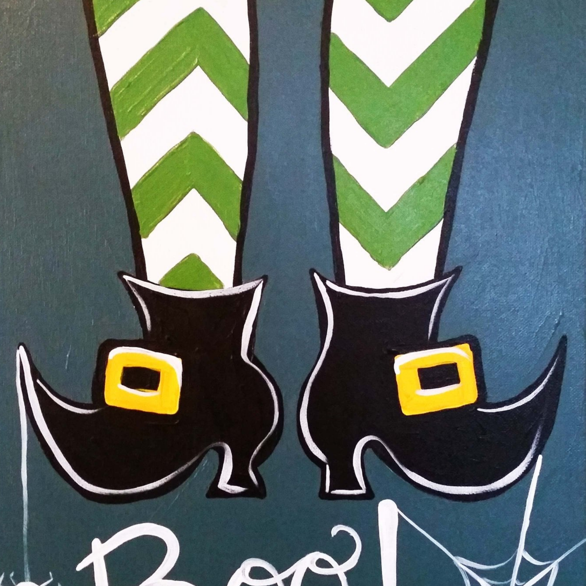 Boo Witch Witches of Halloween DIY paint kit, witch legs in green chevron stockings and buckled boots with Boo and a spiderweb on blue