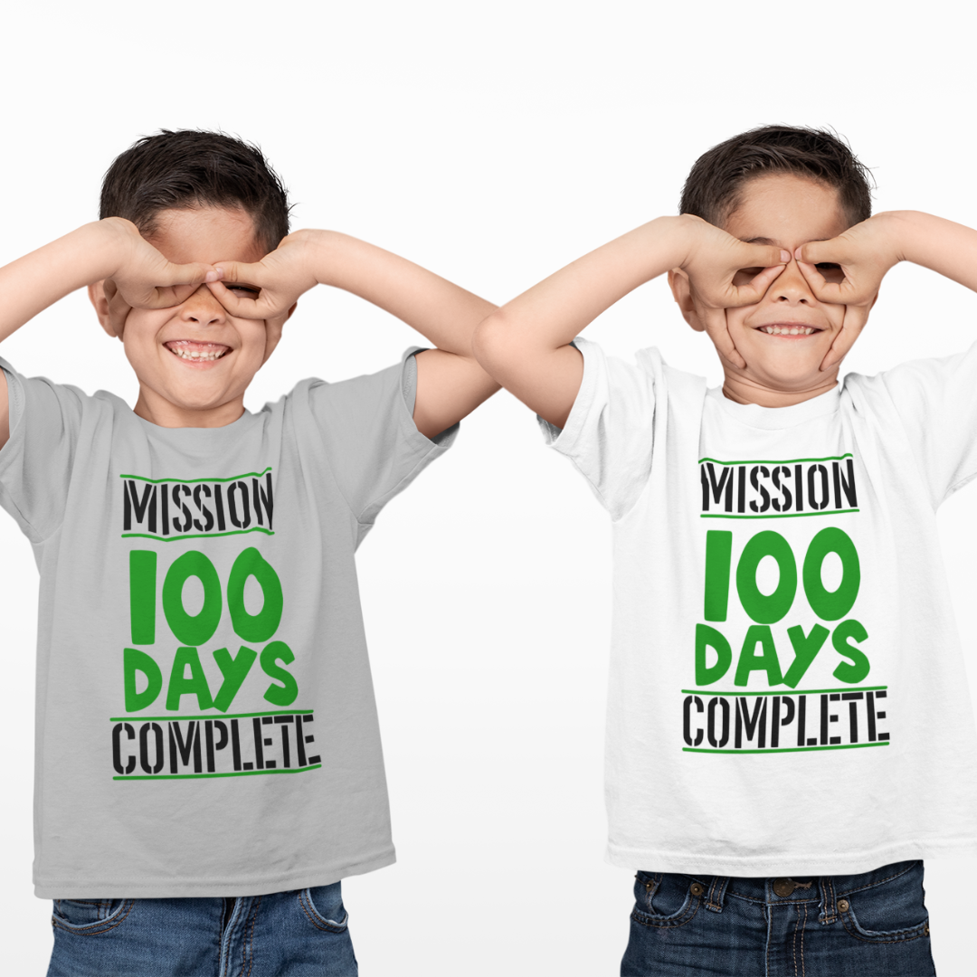 Two boys wearing our Mission 100 Days Cmplete T-Shirts – Fun & Colorful Classroom Tee by Simply Aloha On The Go