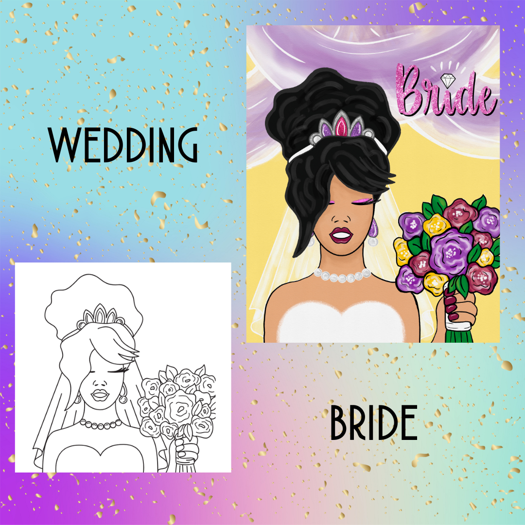 A bride with a tiara and large floral bouquet against a pastel sky