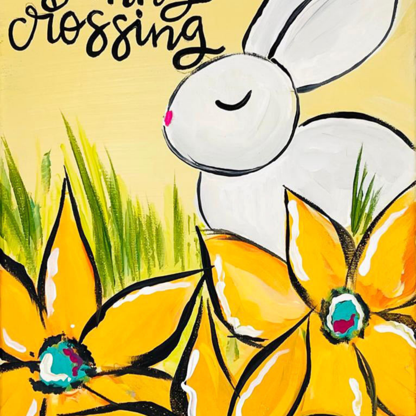 A cute white bunny with a pink nose sitting behind large yellow flowers under a soft yellow sky with the word "Crossing" at the top.
