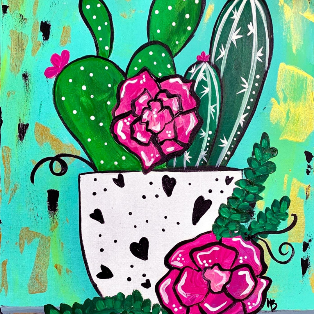 Cacti and pink flowers in a white pot with black heart patterns, painting supplies included
