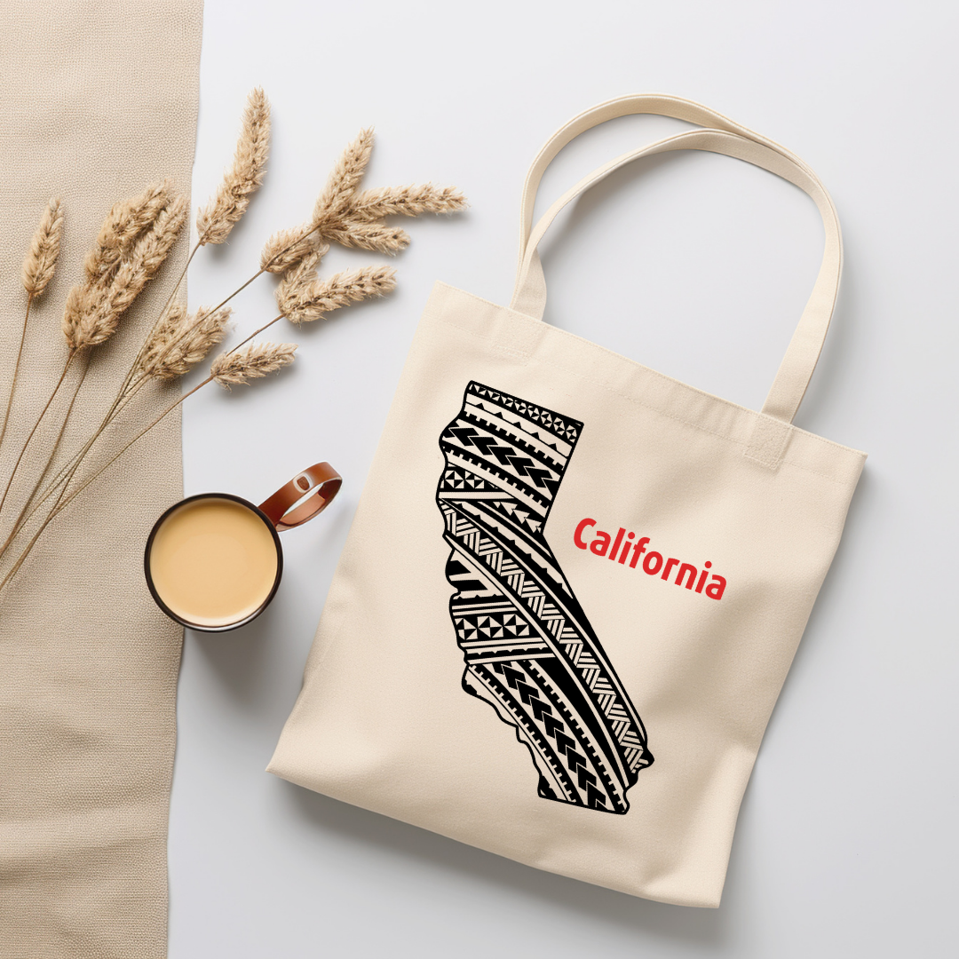 Organic canvas tote bag featuring California state with Polynesian tribal design