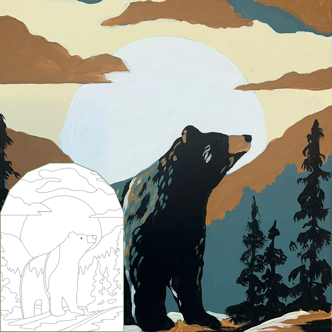 summer-themed canvas paint kit witn a bear in a forest with a mountainous background