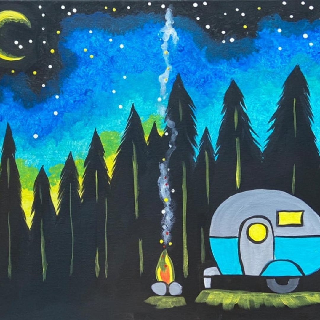 Illustration of a camper van and campfire under a starry night sky with trees. A DIY art canvas paint kit with supplies included