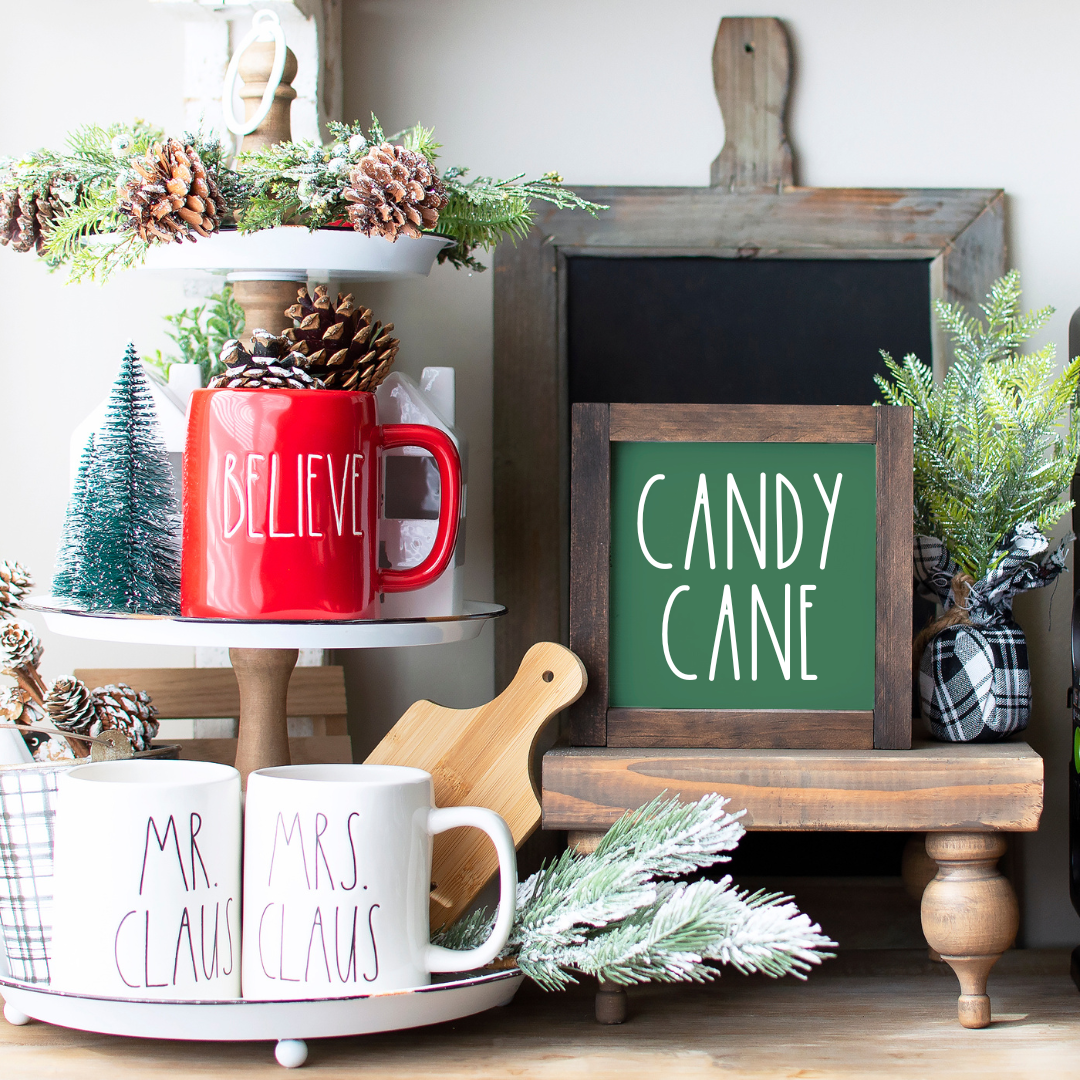 Candy Cane 6x6 farmhouse mini Christmas sign for tray or shelf decor in green background