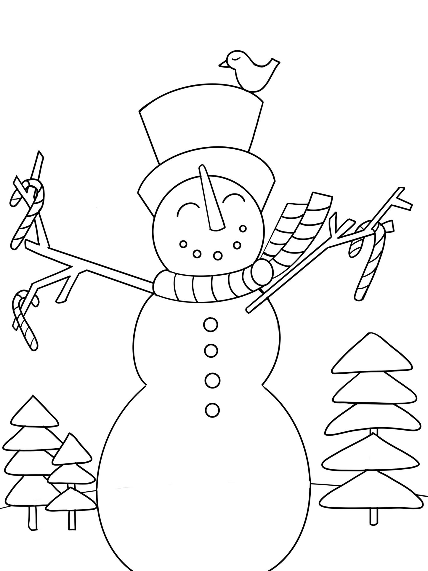 Outline of a snowman with trees and a bird on a white background