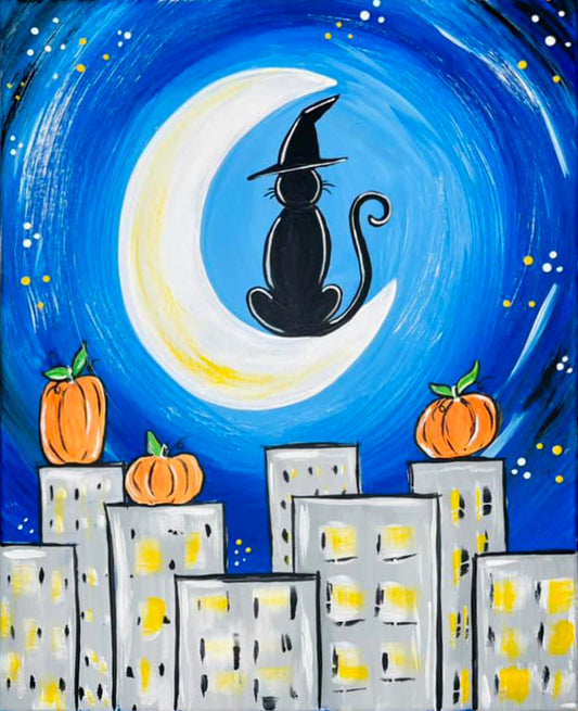 Halloween Cat in the City DIY paint kit, black cat in a witch hat on a crescent moon over a city skyline with jack-o-lanterns