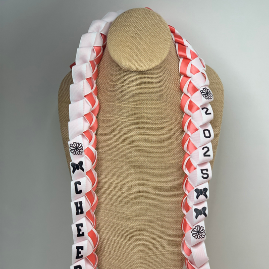 Personalized Cheer Ribbon Lei in school or team colors for Senior Night, graduation, cheer banquets, competitions, and cheerleader gifts.