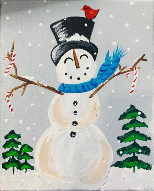 Cute snowman surrounded by candy canes winter holiday paint party kit