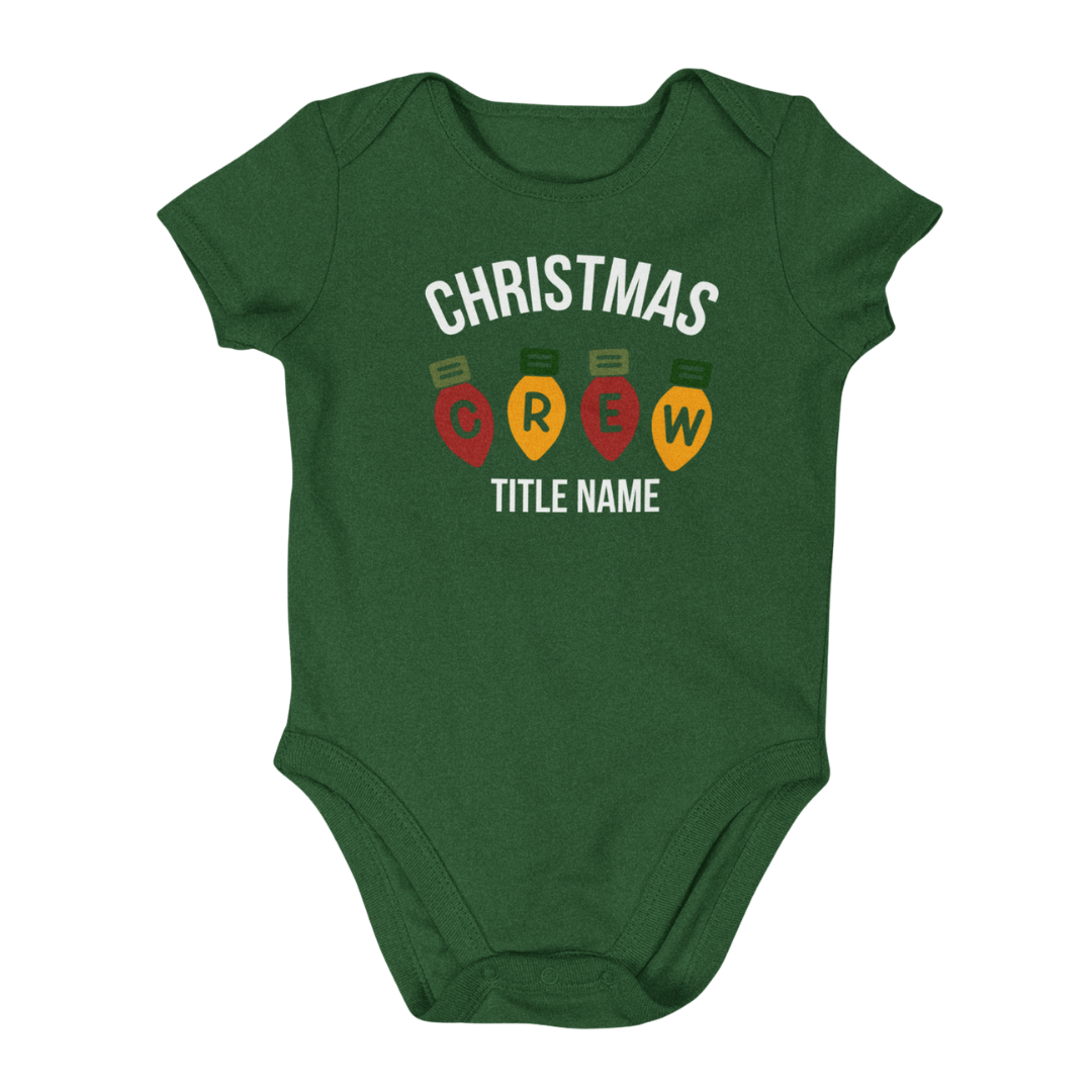 Personalized Christmas Family Crew Shirt featuring light bulbs spelling CREW, (add your title name) matching green and white holiday shirts for family and friends by Simply Aloha On The Go™
