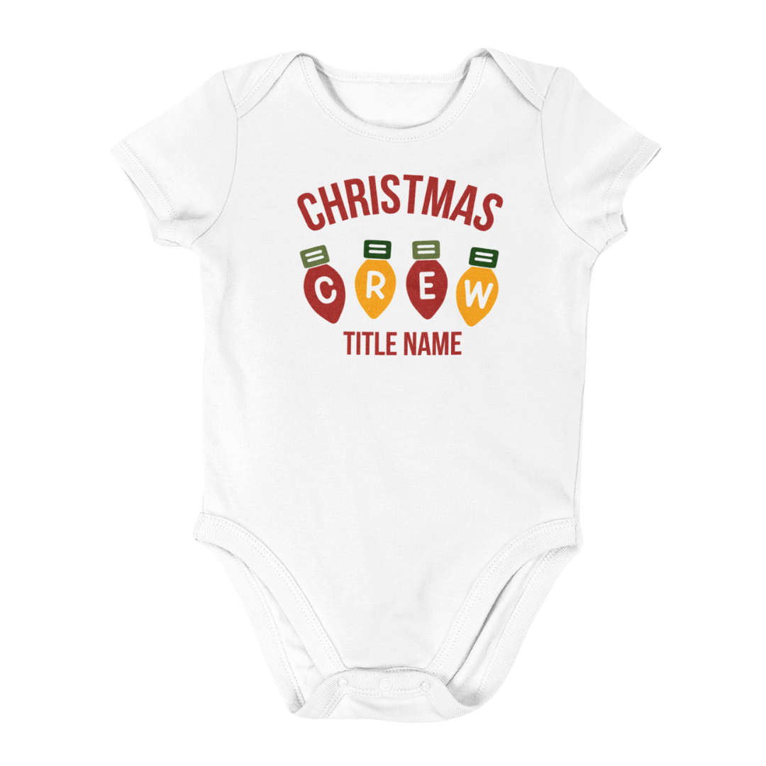 Personalized Christmas Family Crew Shirt featuring light bulbs spelling CREW, (add your title name) matching green and white holiday shirts for family and friends by Simply Aloha On The Go™
