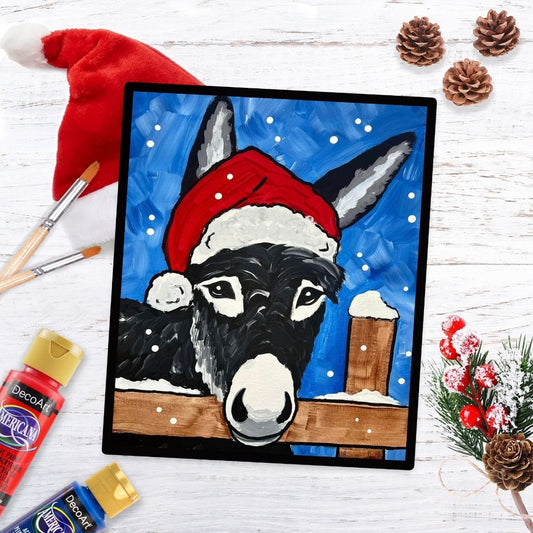 Cute Christmas donkey wearing a Santa hat in rustic winter scene holiday paint party kit for kids and adults