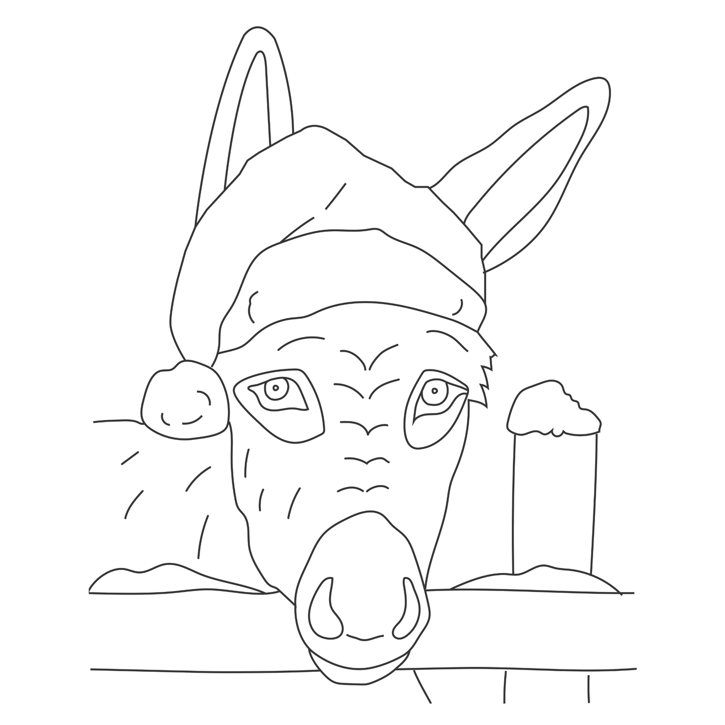 Black and white line drawing of a donkey's head with a small building in the background.