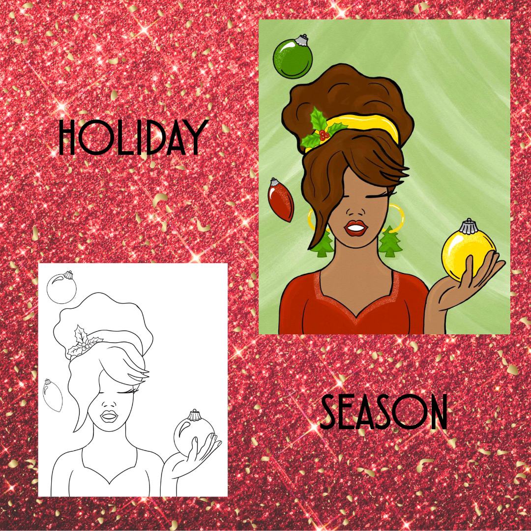 A "Holiday" themed art kit featuring a woman in a red dress with holly in her hair and evergreen tree earrings, holding a yellow Christmas ornament.