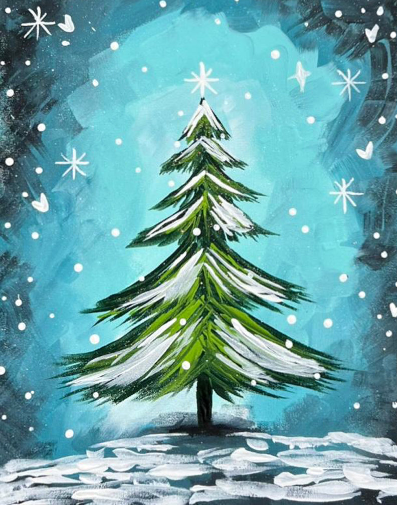 A hand-painted whimsical Christmas tree in a snowy night scene, perfect for a holiday-themed holiday parties
