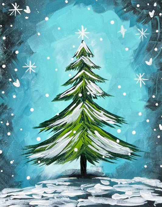 A hand-painted whimsical Christmas tree in a snowy night scene, perfect for a holiday-themed holiday parties